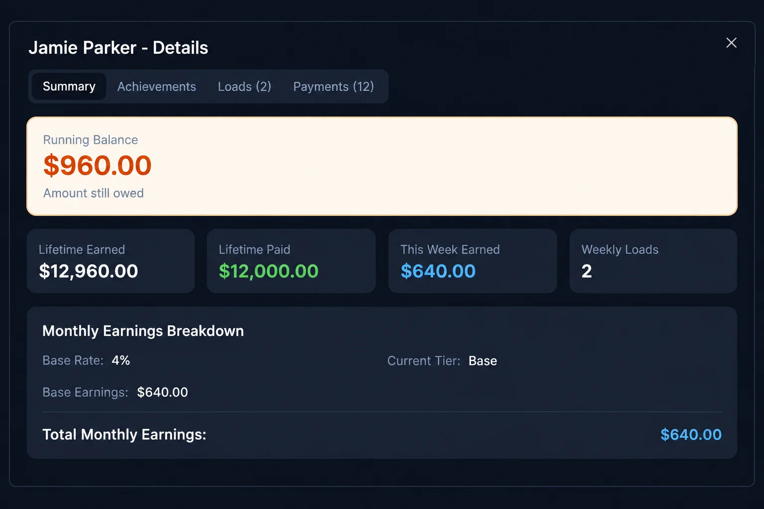 Illustrative dispatcher details: $12,960 lifetime earned, $12,000 paid and $960 running balance